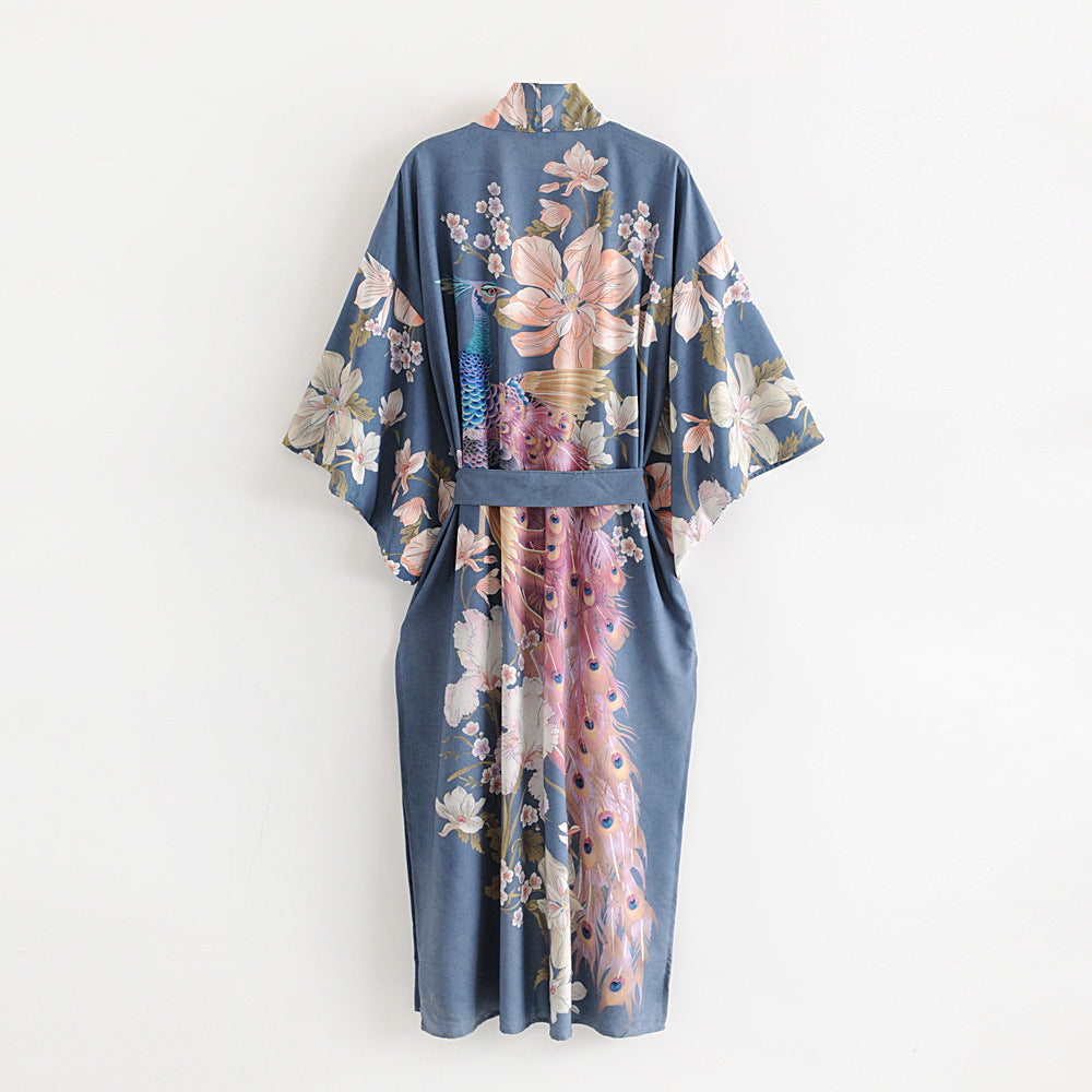 Boho Peacok Floral Print Kimono Robe Cover Up