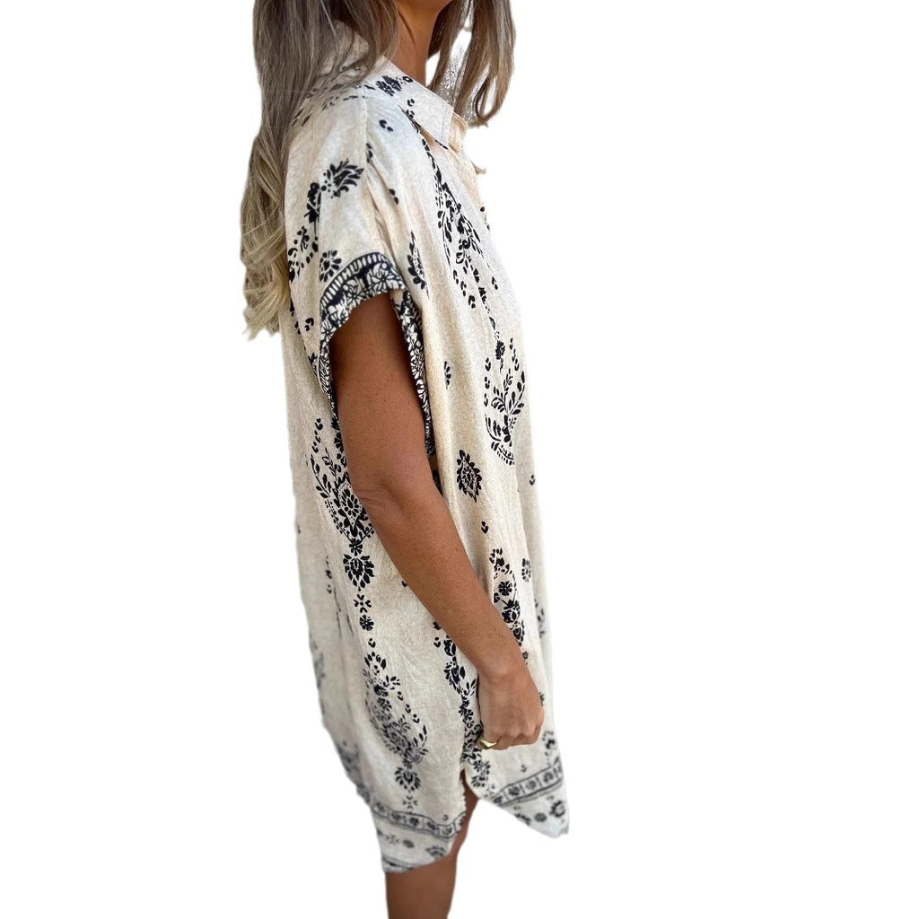 Casual Printed Short Sleeve Buttons Down Mini Dress with Pockets