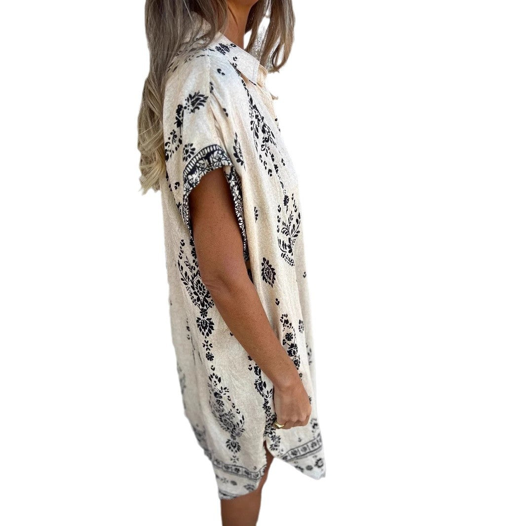 Casual Printed Short Sleeve Buttons Down Mini Dress with Pockets