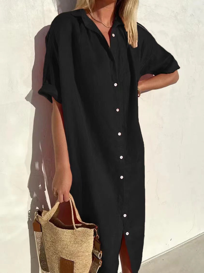 Simple Short Sleeve Buttons Down Midi Shirt Dress