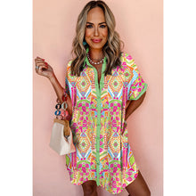 Load image into Gallery viewer, Geometric Print Contrast Short Sleeve Buttons Down Mini Shirt Dress
