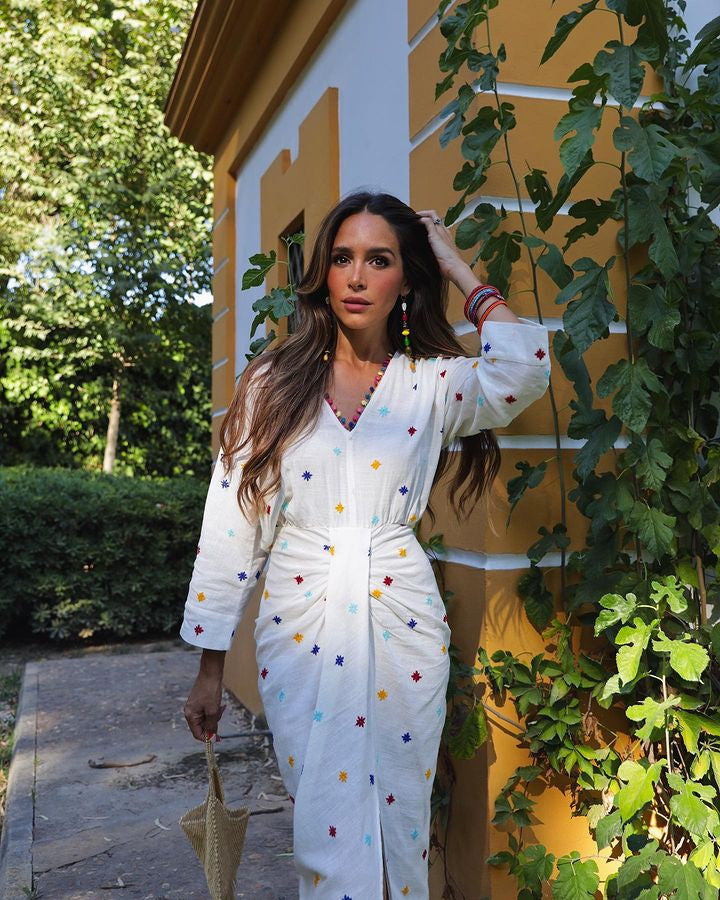 White V-neck Embroidery Long Sleeve Midi Dress