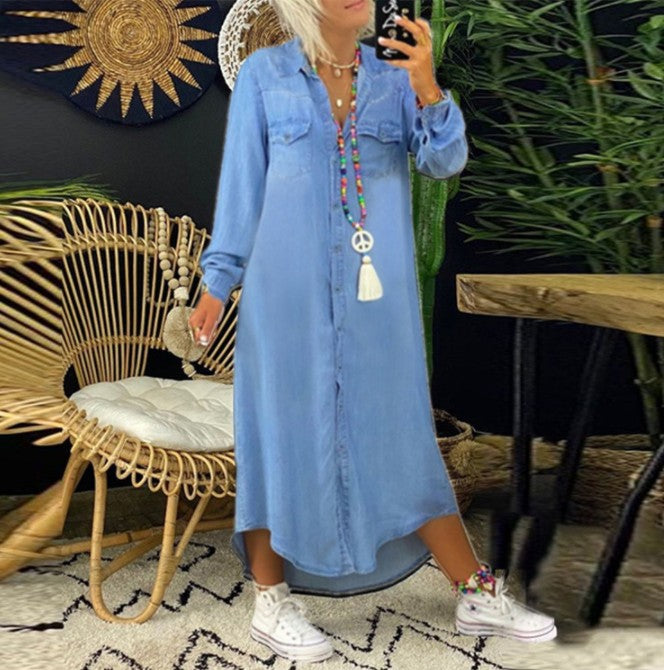 Casual Solid Turndown Collar Irregular Dress