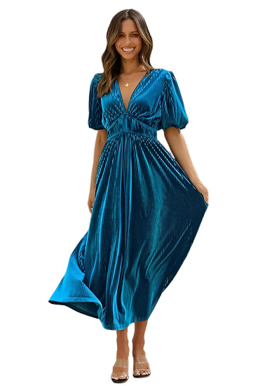Elegant V-Neck Velvet Maxi Dress Wedding Guest Formal Party Long Dress