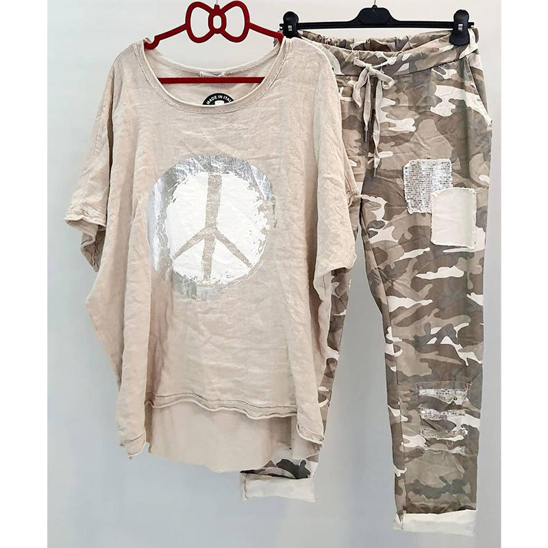 Boho Camouflage Printed Casual Two-piece Suit