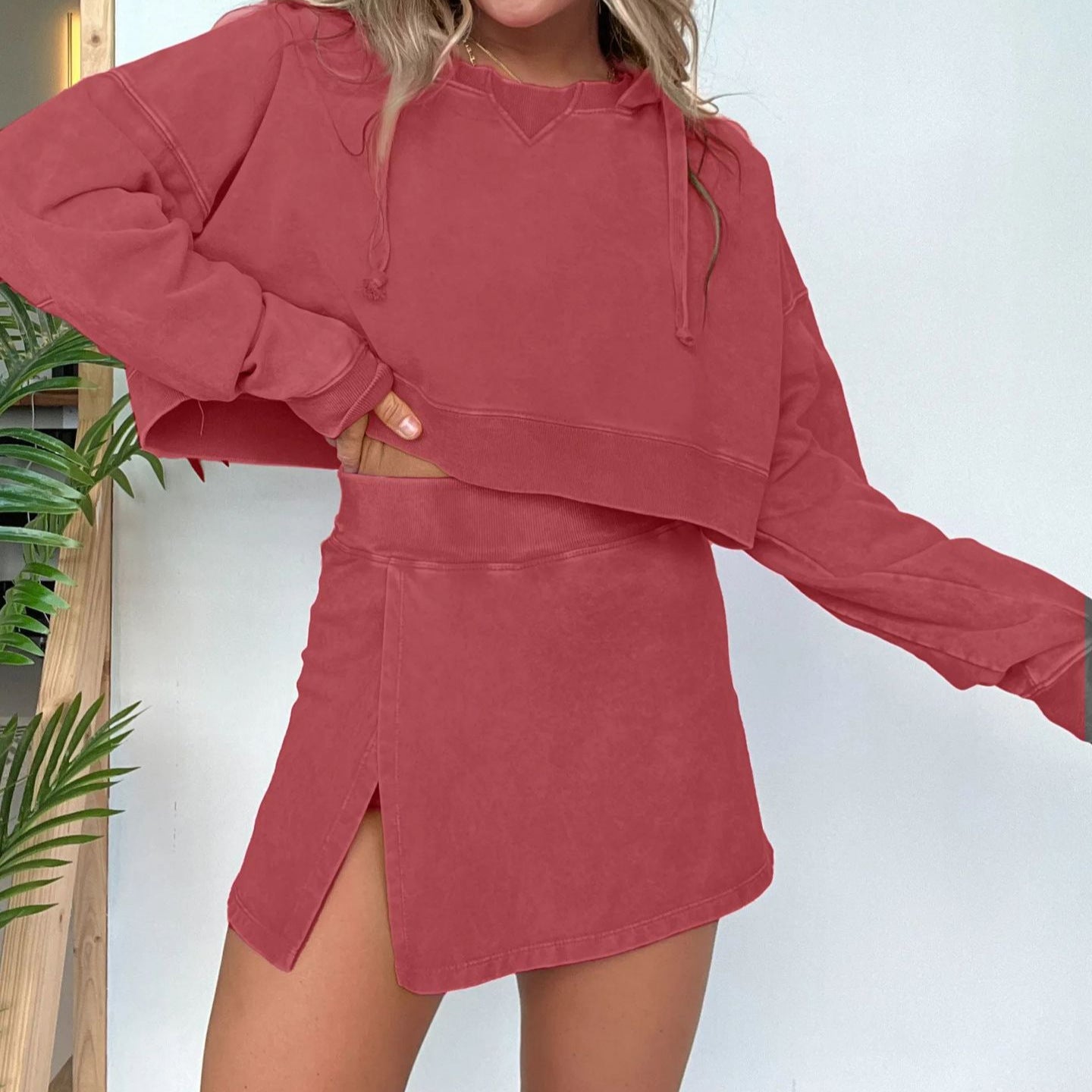 Long Sleeves Cropped Hoodie Split Front Skirt Set