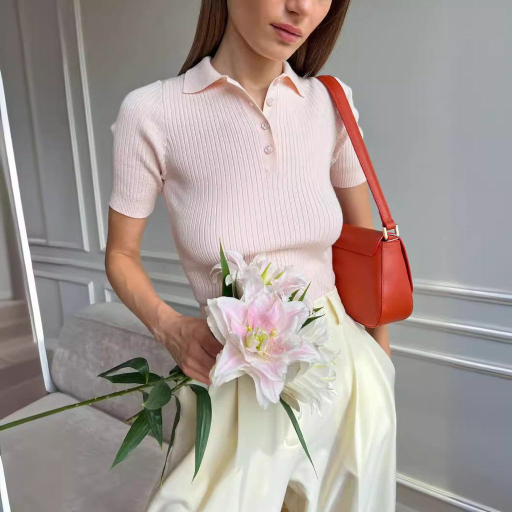 Short Sleeves Tees Apricot Turndown Collar Acrylic Women Tee Shirt