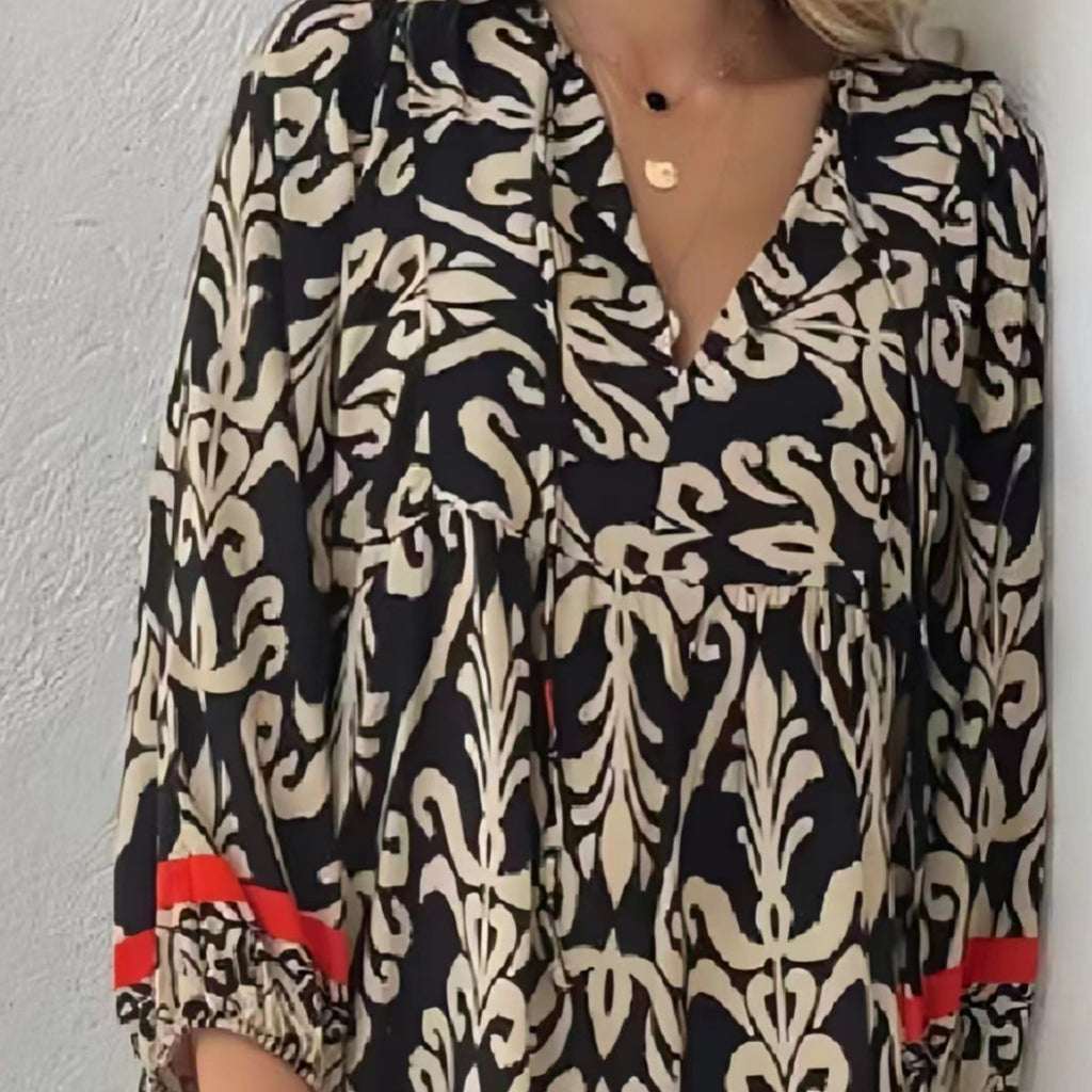 Black Loose Print Long Sleeves Maxi Dress