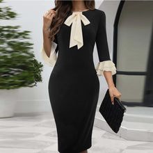 Load image into Gallery viewer, Elegant Black Ruffled Sleeves Bow Tie Bodycon Midi Dress
