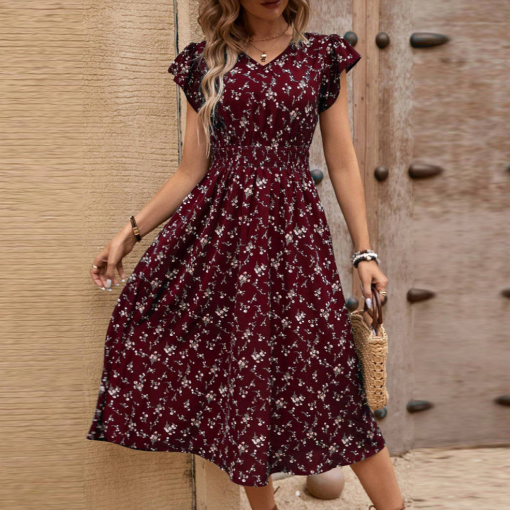 Floral V-Neck Ruffled Sleeves Midi Dress