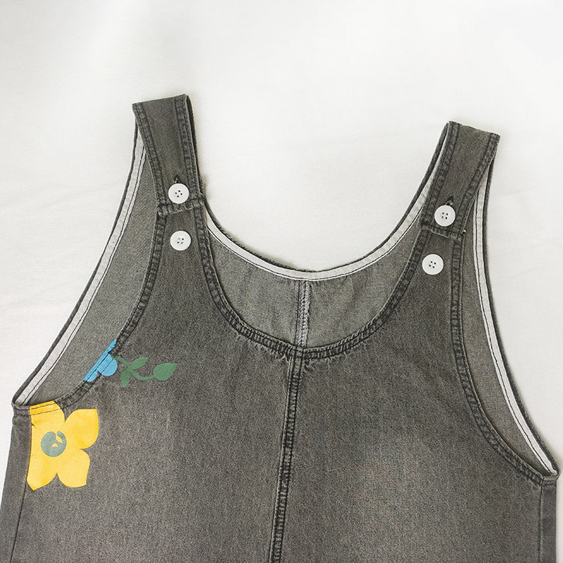 Denim Wide Leg Drop Crotch Jumpsuit Rompers Overalls