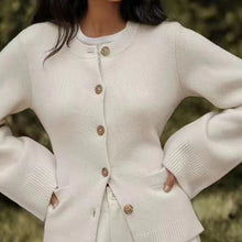 Load image into Gallery viewer, Elegant Ribbed Knit Crew Neck Bell Sleeves Button Front Cardigan
