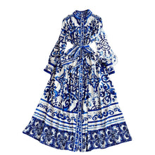 Load image into Gallery viewer, Retro Long Sleeve Buttons Down  Print Maxi Dress

