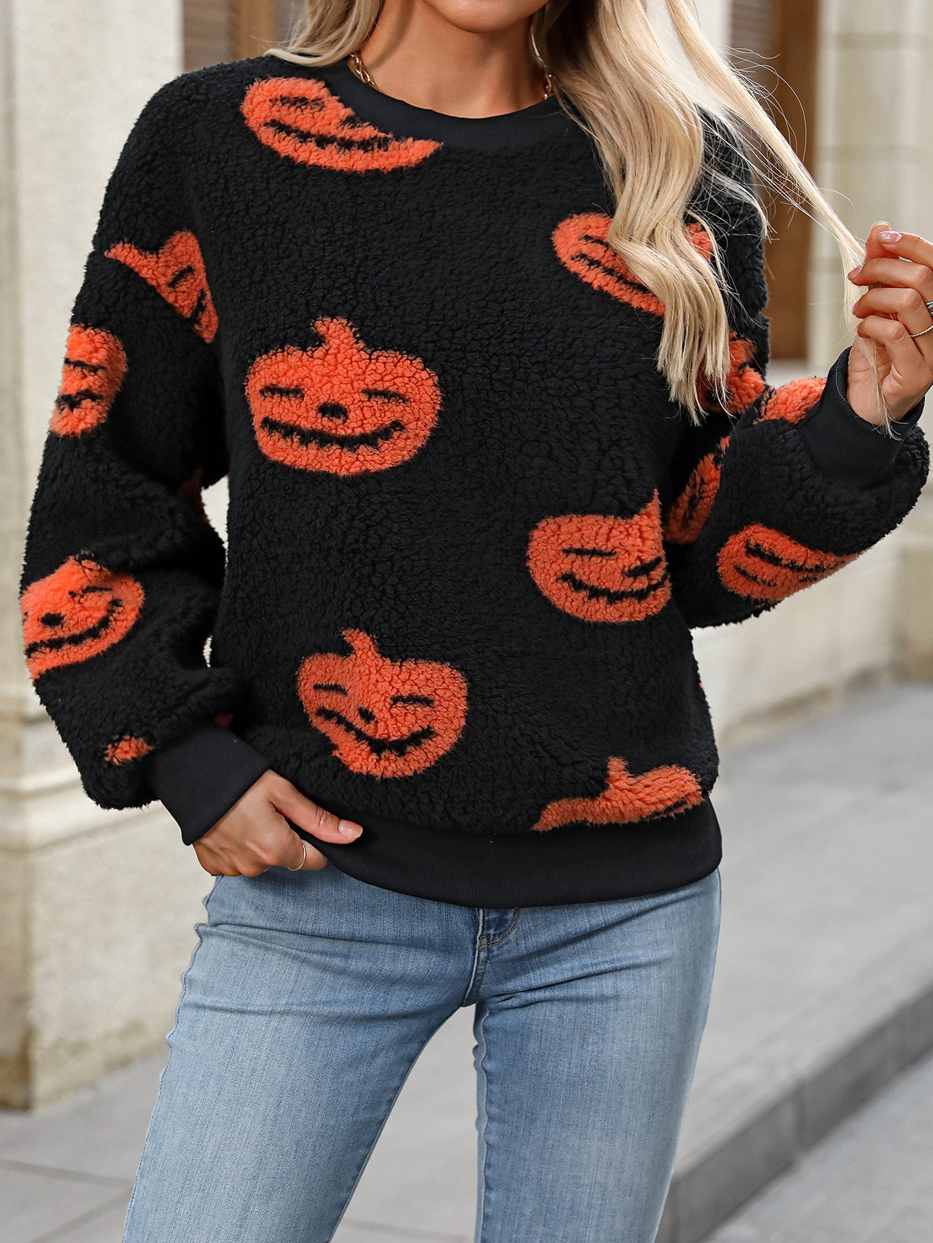 Fuzzy Pumpkin Round Neck Dropped Shoulder Top