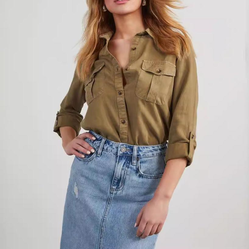 Simple Lapel Single-Breasted Long Sleeve Denim Shirt