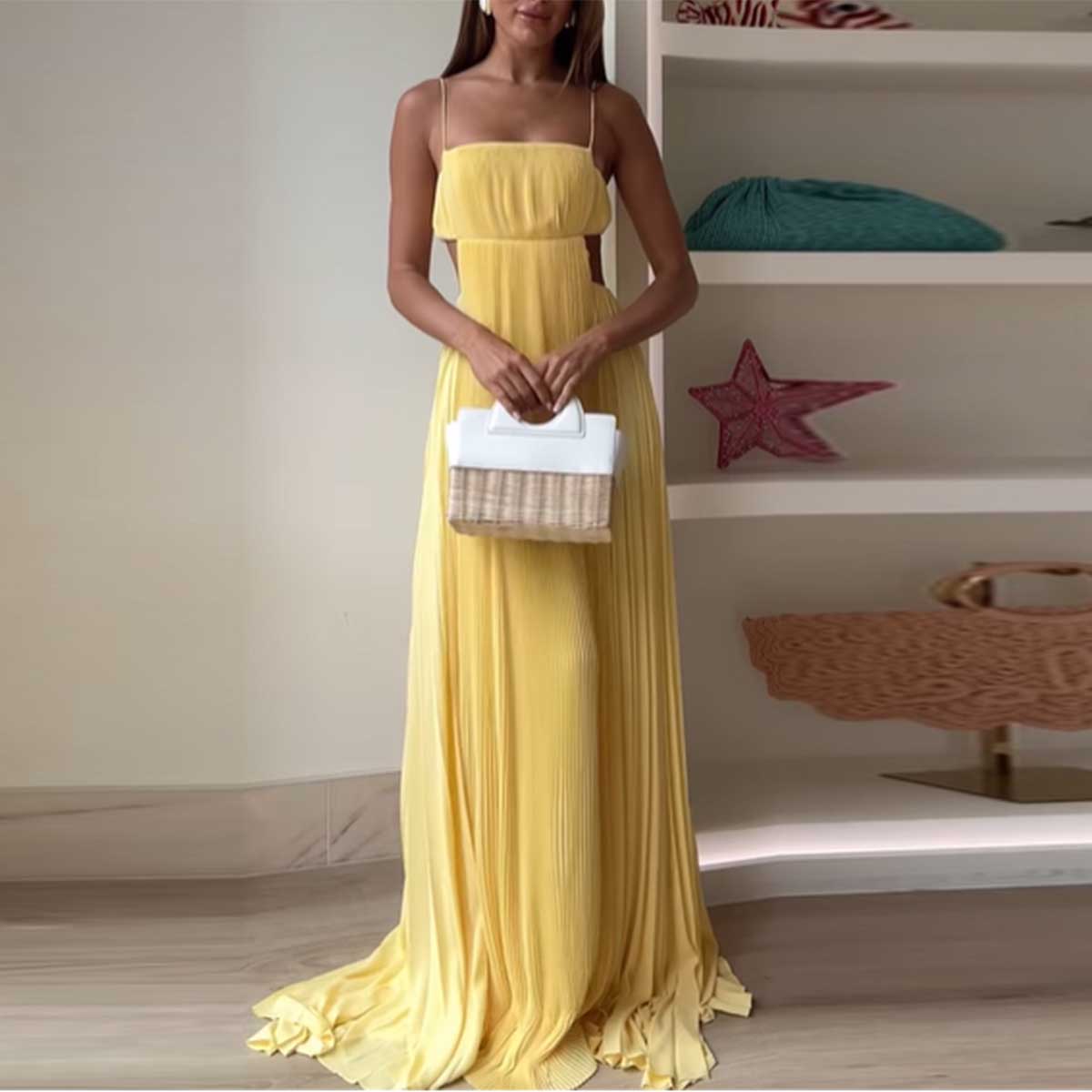 Chic Pleated Cutout Back Party Maxi Dress