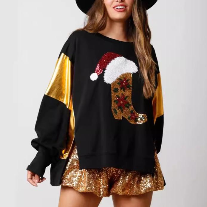 Christmas Sequined  Boots Long-sleeved Casual Sweatshirt