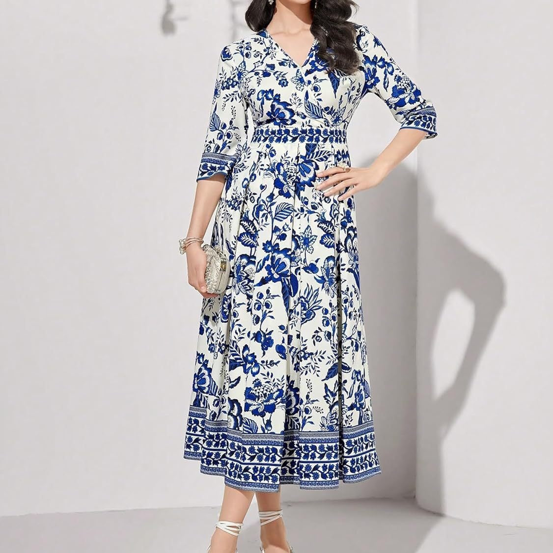 Blue V-neck Half Sleeves Floral Maxi Dress