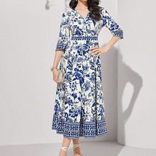 Load image into Gallery viewer, Blue V-neck Half Sleeves Floral Maxi Dress

