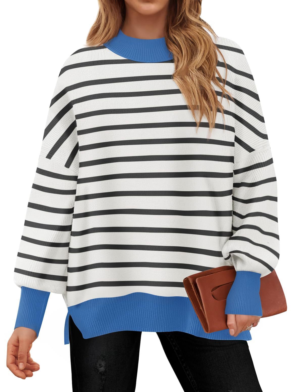 Oversized Crewneck Casual Long Sleeve Contrast Loose Knit Pullover Sweaters Top