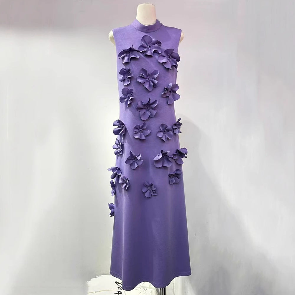 Elegant Sleeveless Mock Neck 3D Floral Maxi Dress
