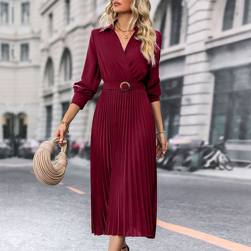 V-neck Long Sleeves Pleated Midi Dress