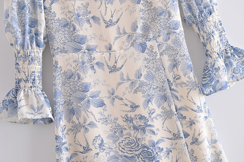 Blue Floral Print Ruffled Sleeves Slit Side Midi Dress