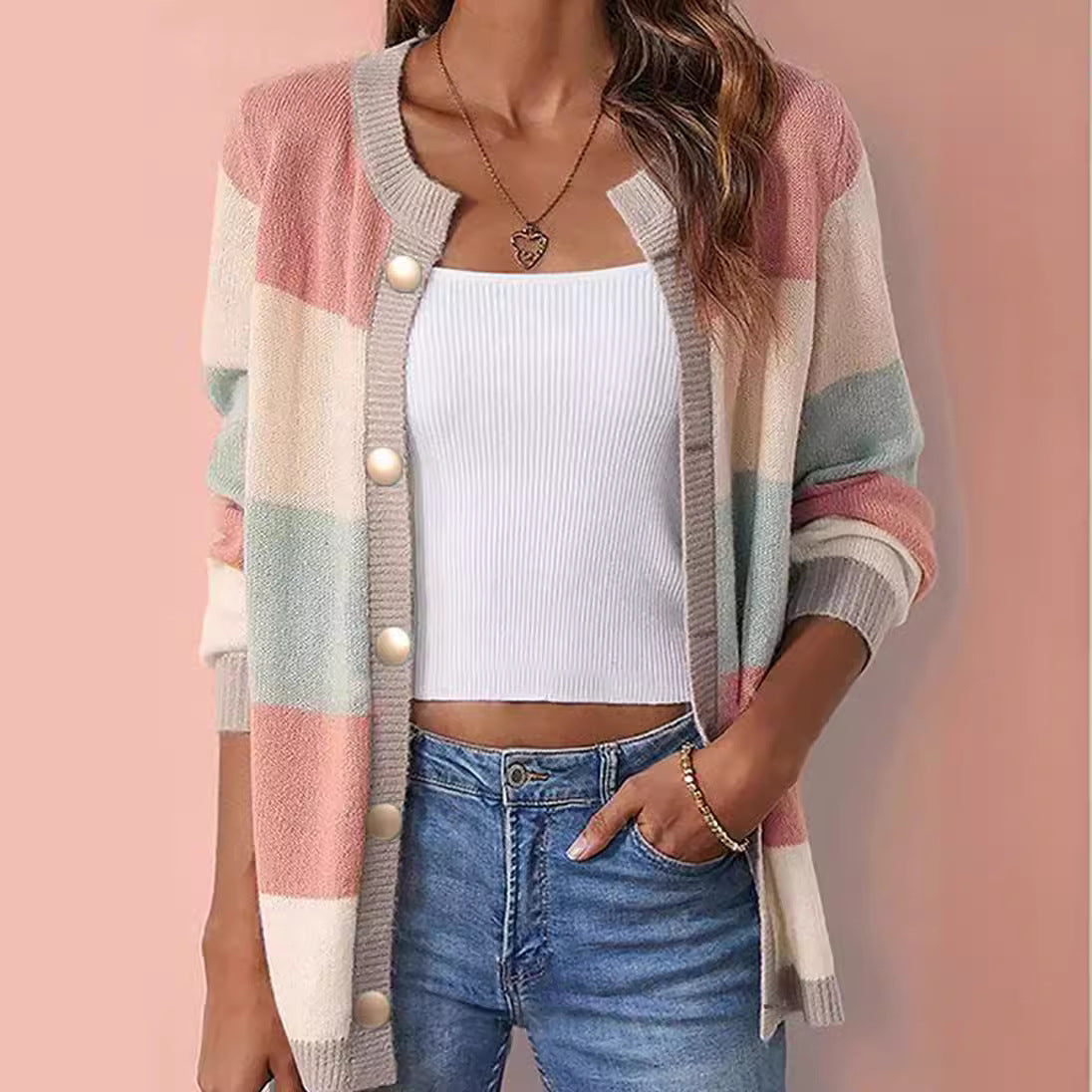 Multicolor Striped Long Sleeve Buttons Cardigan