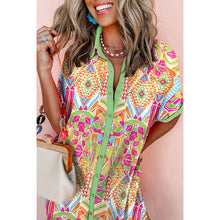 Load image into Gallery viewer, Geometric Print Contrast Short Sleeve Buttons Down Mini Shirt Dress
