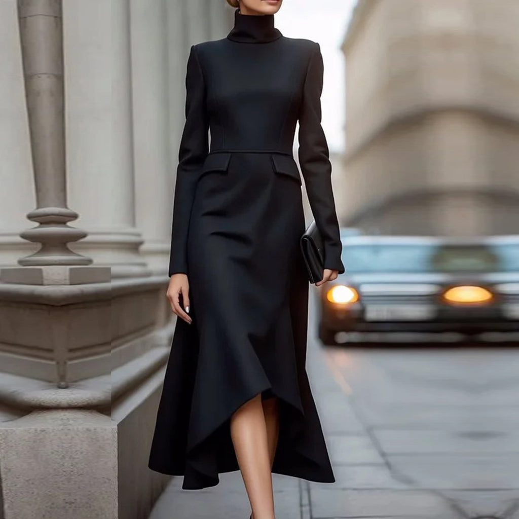 Black Elegant High Neck Long Sleeve Midi Dress