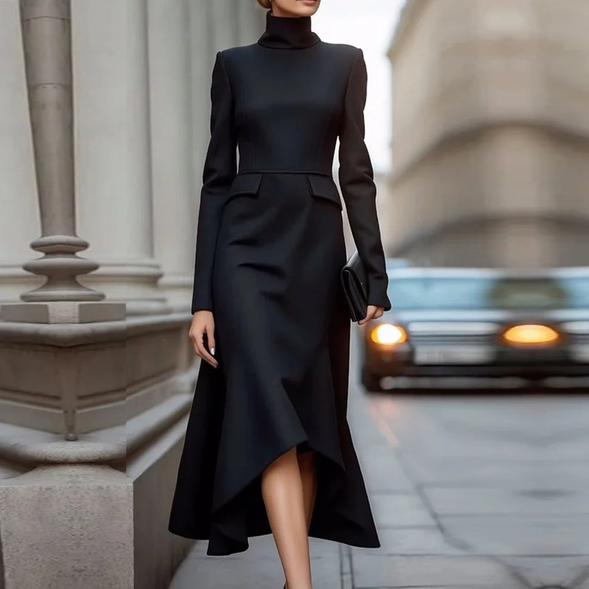 Black Elegant High Neck Long Sleeve Midi Dress
