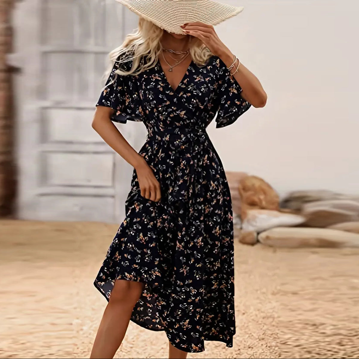 Boho V-neck Floral Print Flutter Short Sleeve Midi Dress