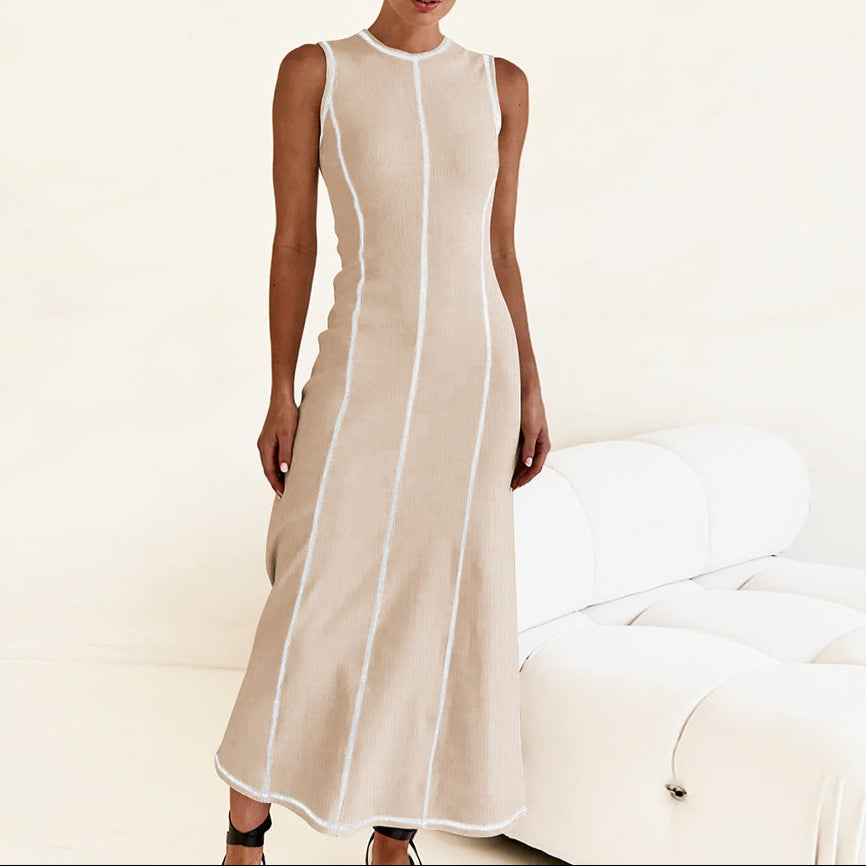 Casual Striped Contrast Sleeveless Round Necn Midi Dress