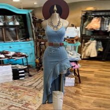 Load image into Gallery viewer, Retro Spaghetti Straps V-neck Ruffle Draped Washed Denim Midi Dress
