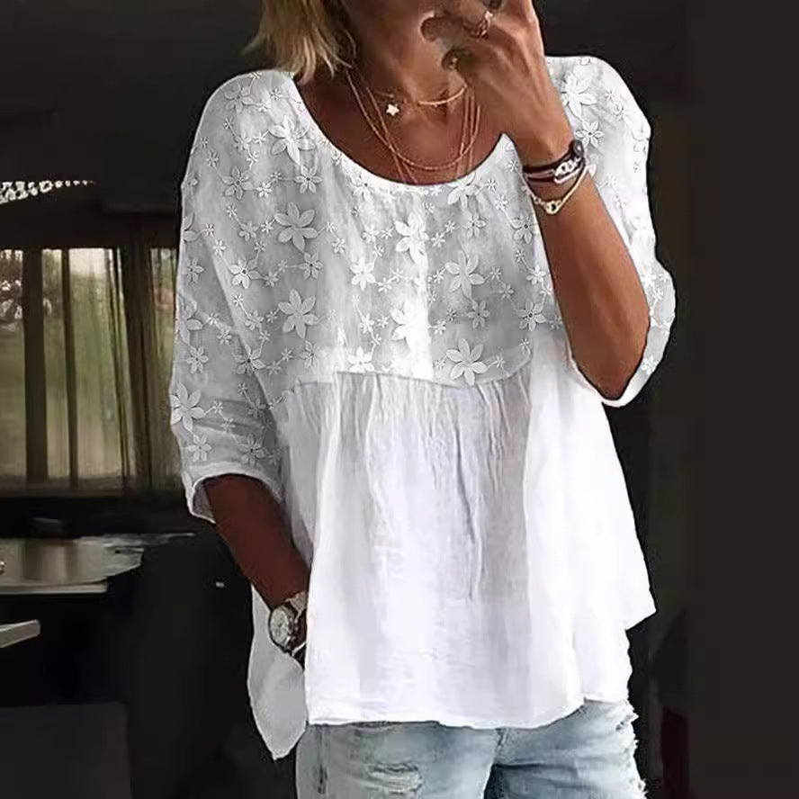White Lace Embroidery Loose Crew Neck Blouse