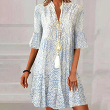 Load image into Gallery viewer, Blue Printed Buttons Front Bell Sleeve Mini Dress
