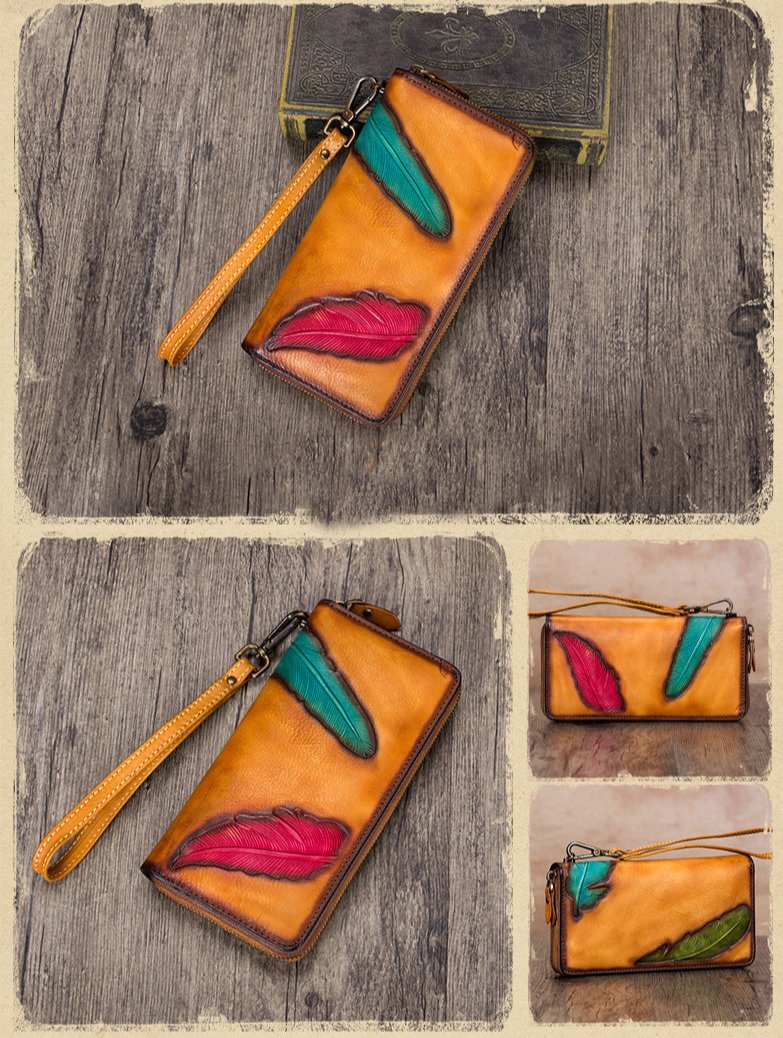 Women's Wallet Genuine Leather Zip Around Wristlet Long Purse Unique Embossed Handmade Clutch