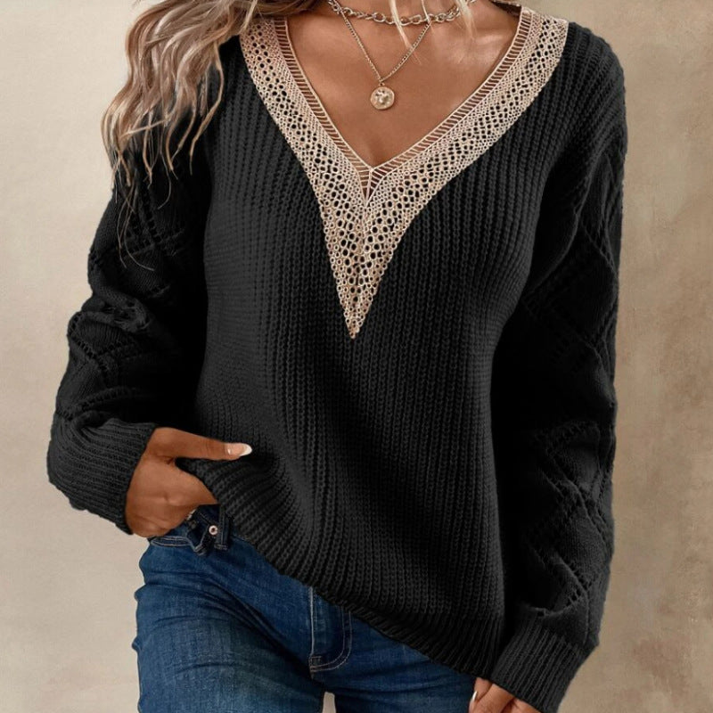Classic V-Neck Lace Trim Casual Knitted Sweater