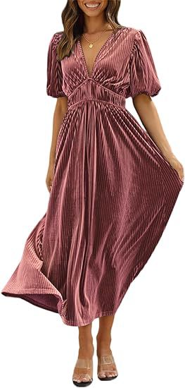 Elegant V-Neck Velvet Maxi Dress Wedding Guest Formal Party Long Dress