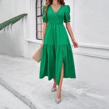 Load image into Gallery viewer, Green V-neck Short Sleeves Slit Side Tiered Midi Dress
