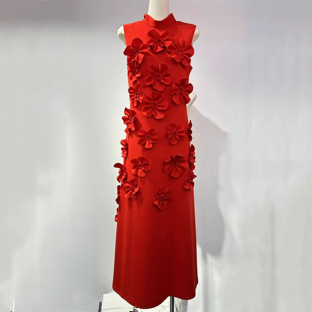 Elegant Sleeveless Mock Neck 3D Floral Maxi Dress