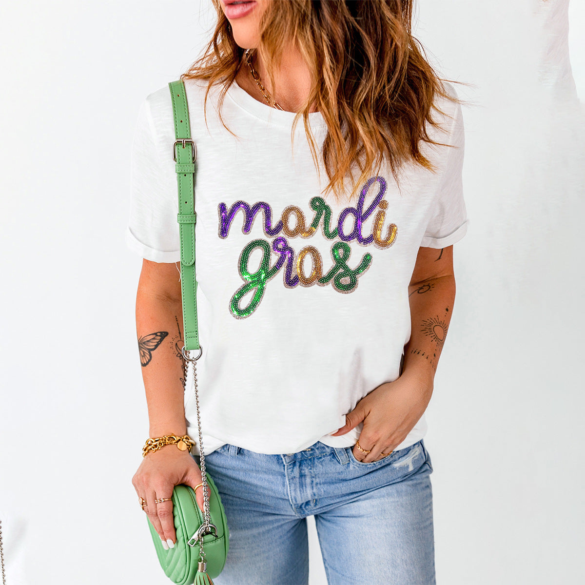 White Sequin Mardi Gras Short Sleeve T-shirt