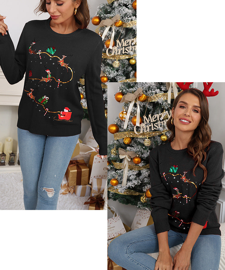 Christmas Sweater Long Sleeve Sequined Reindeer Winter Pullover