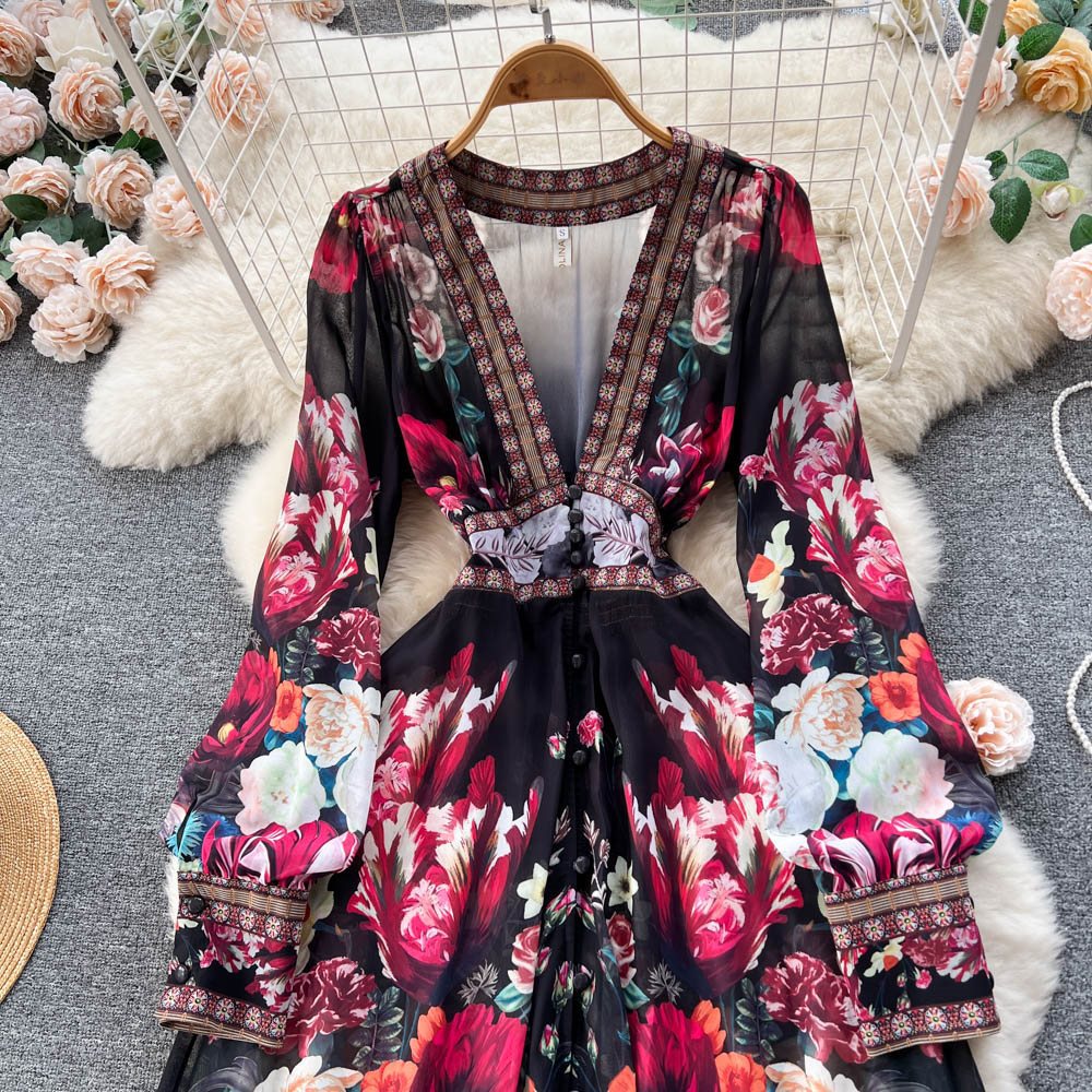 Elegant Chiffon Mesh Long Sleeve Floral Maxi Dress