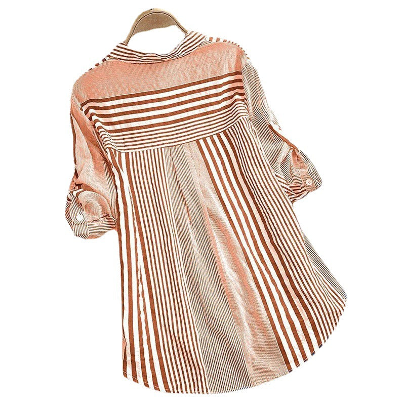 Classic 3/4 Sleeve Striped Button Up Shirt