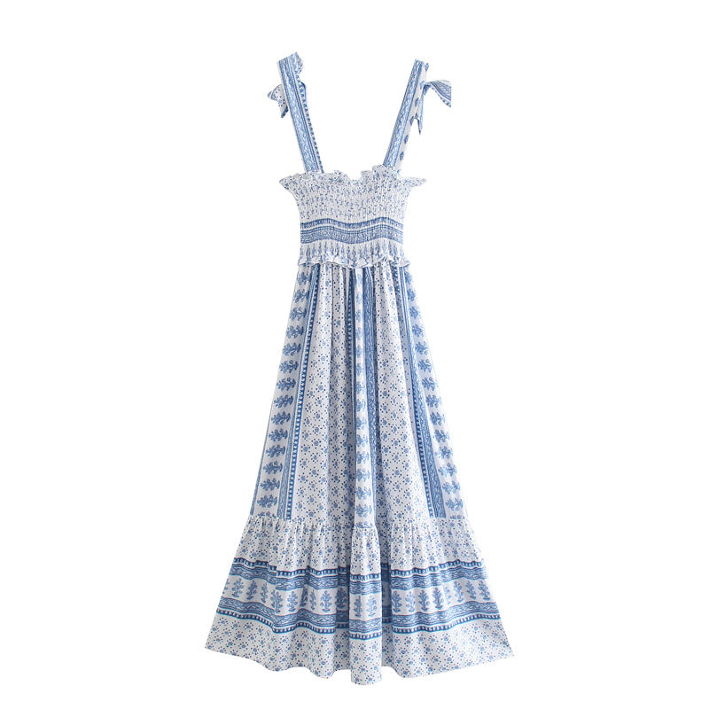 Blue Straps Printed Smocked Midi Dress