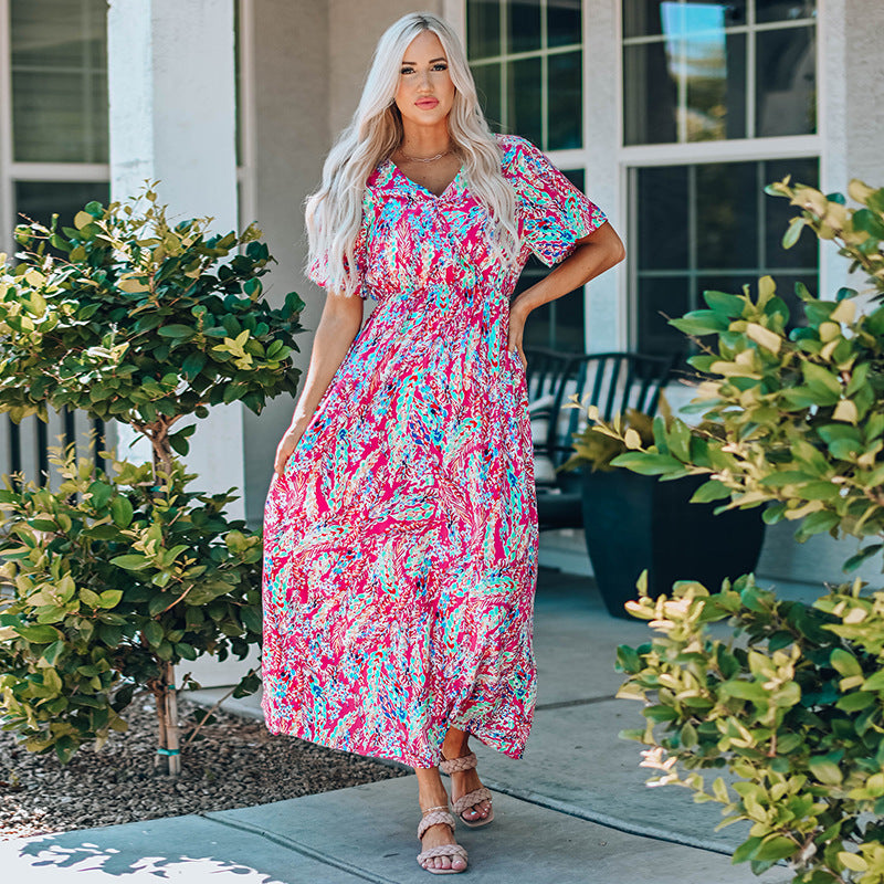 Wrap V Neck Floral Maxi Dress