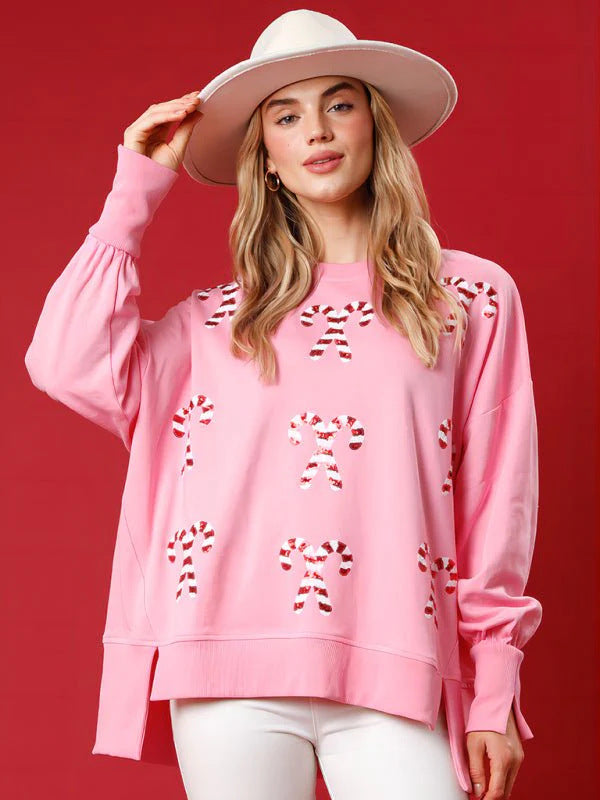 Candy Cane Sequin Crew Christmas Sweatshirt