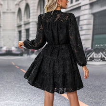 Load image into Gallery viewer, Standing Neck Long Sleeve Lace Jacquard Midi Dress
