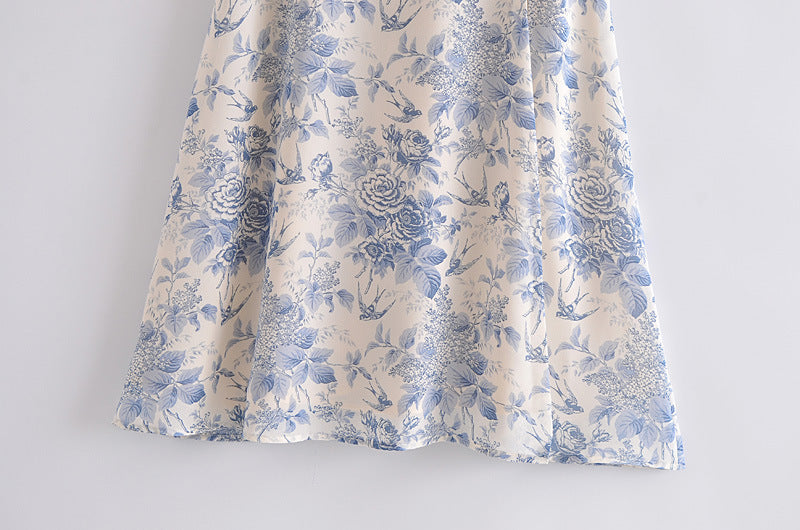 Blue Floral Print Ruffled Sleeves Slit Side Midi Dress